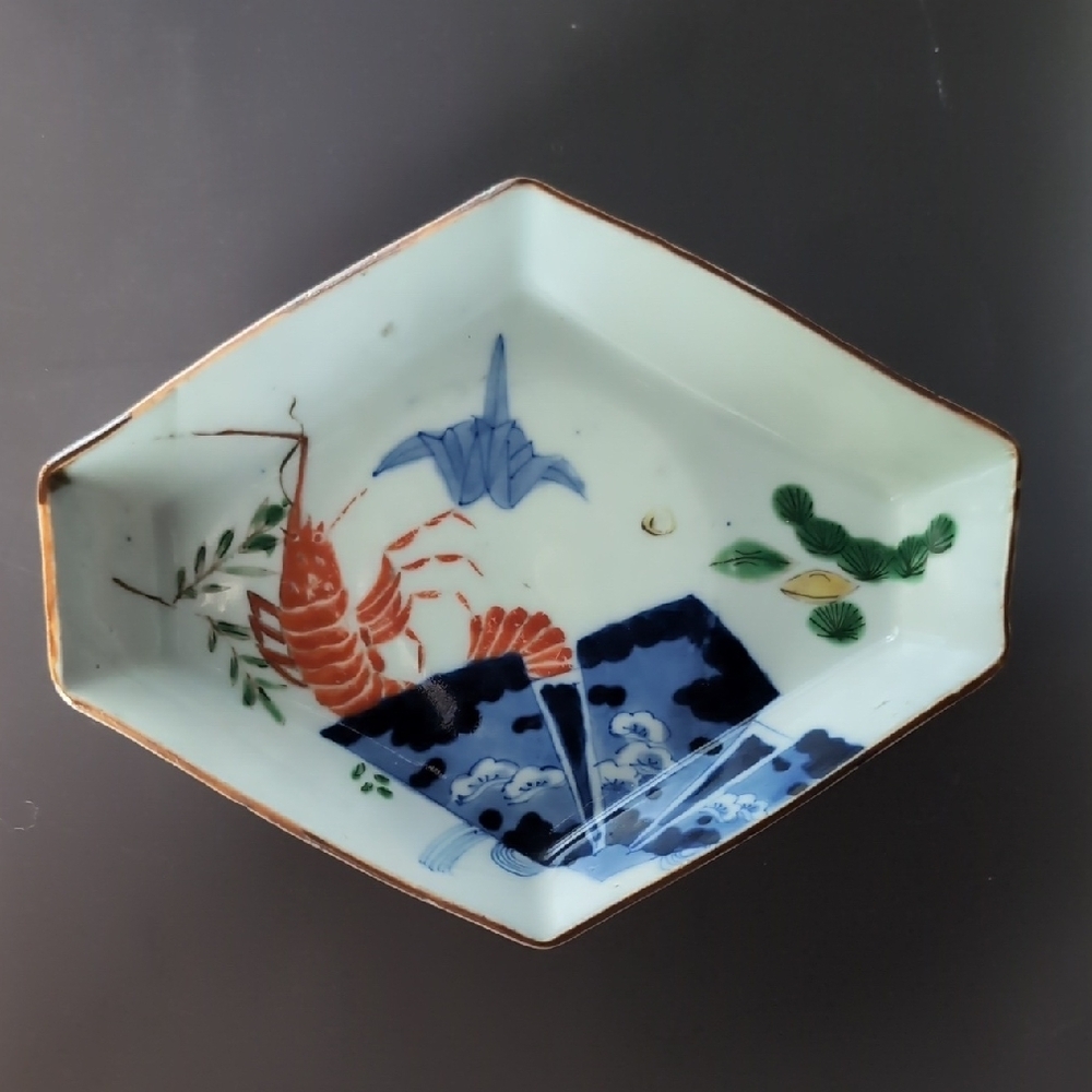Antique Japanese Imari Porcelain Hexagonal Serving Bowl Dish Shrimp Crane Motif